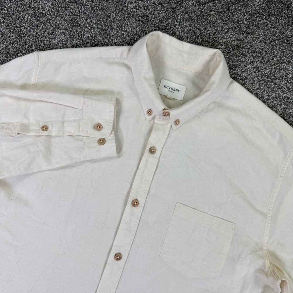 Octobre Editions Mens XL Cream Cotton Linen Button Down Long Sleeve Shirt Pocket